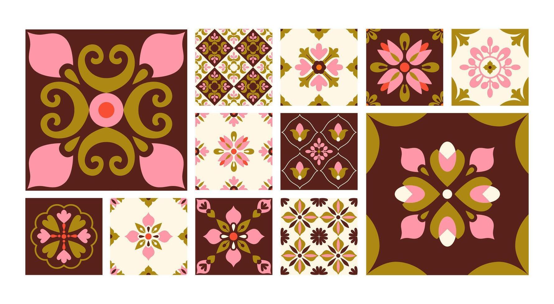 resumen retro geométrico floral bloques y losas. cuadrícula. labor de retazos, mosaico. fondo, fondo. vector