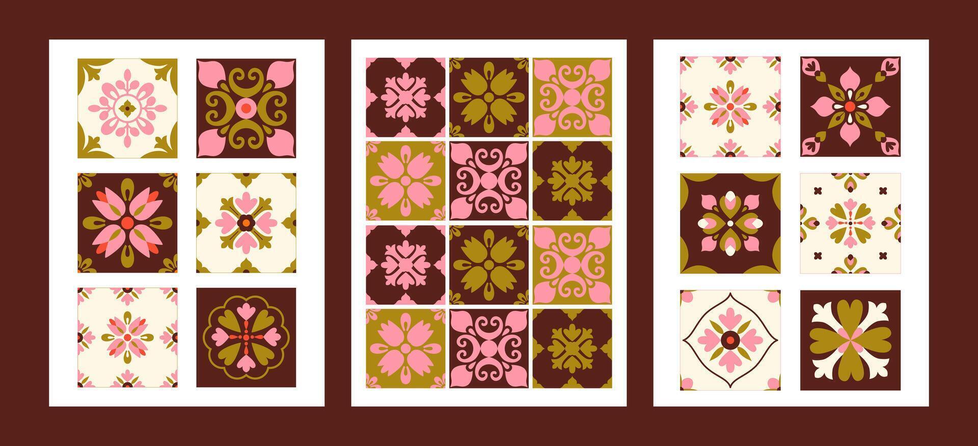 Abstract geometric posters. Retro floral blocks. Patchwork, mosaic, arabesque. Background, cover, banner template. vector