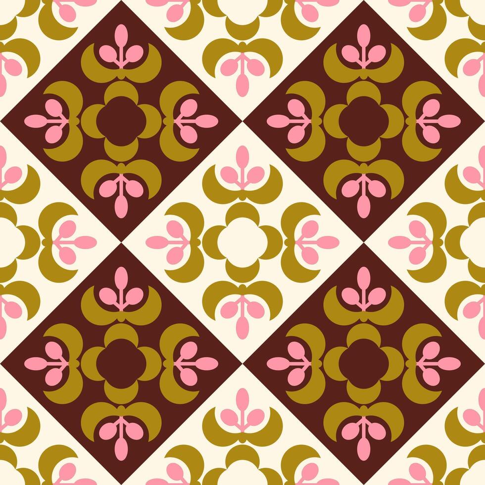 70s vintage floral geometric seamless background. Groovy tiles. Patchwork, mosaic. Endless pattern, digital paper, wrapping paper. vector