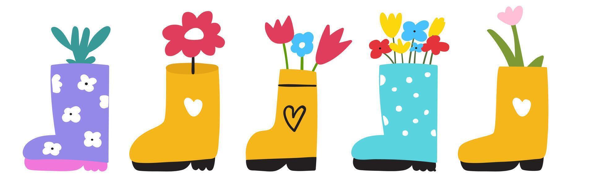 Collection of rubber shoes with flowers. Springtime. Flat design. Hand drawn illustration on white background. vector