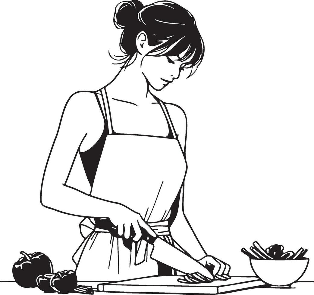 Woman Cooking at Home Sketch Drawing. vector