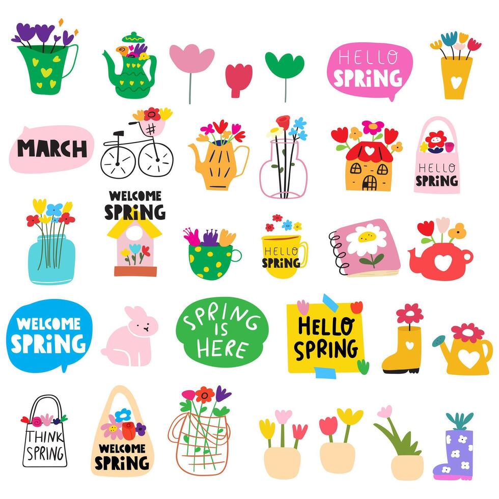Collection of hand drawn elements. Spring time. Flat design. illustrations. Isolated icons on white background. vector
