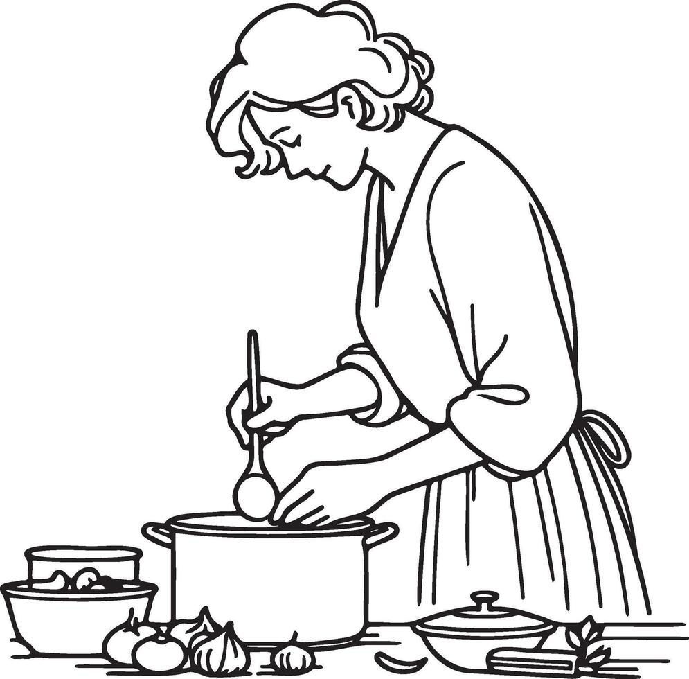 mujer Cocinando a hogar bosquejo dibujo. vector