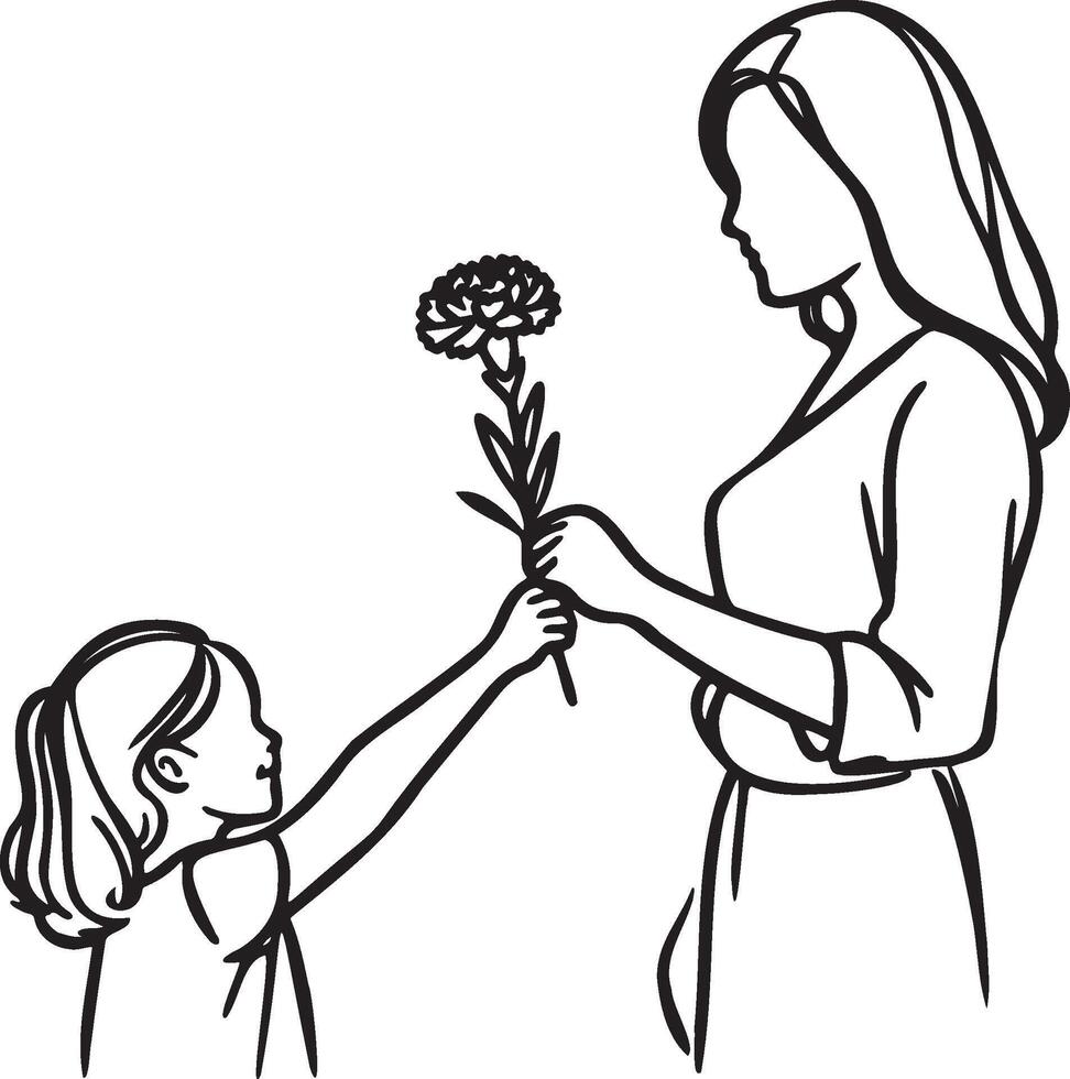 Daughter Give Mother a Flower Line Art. vector