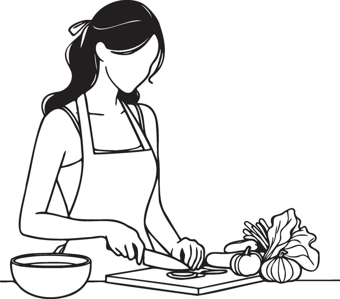 Woman Cooking at Home Sketch Drawing. vector