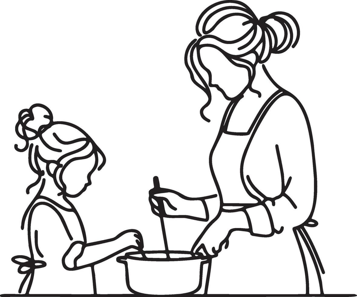 mujer y niño Cocinando a hogar línea Arte. vector