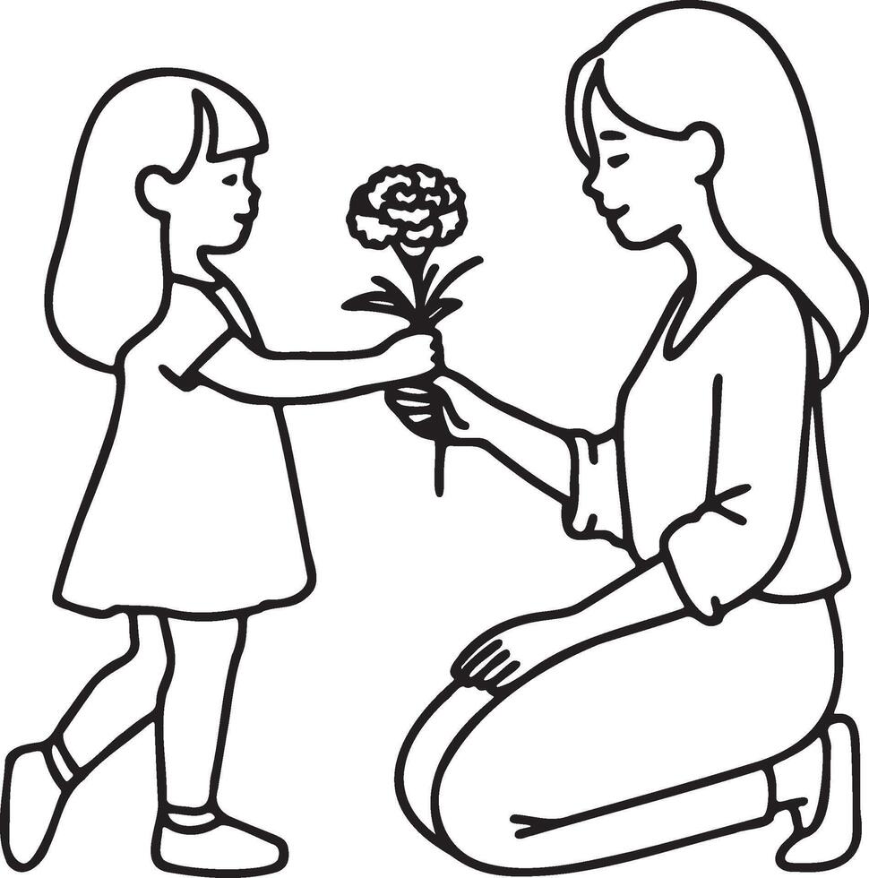 Daughter Give Mother a Flower Line Art. vector