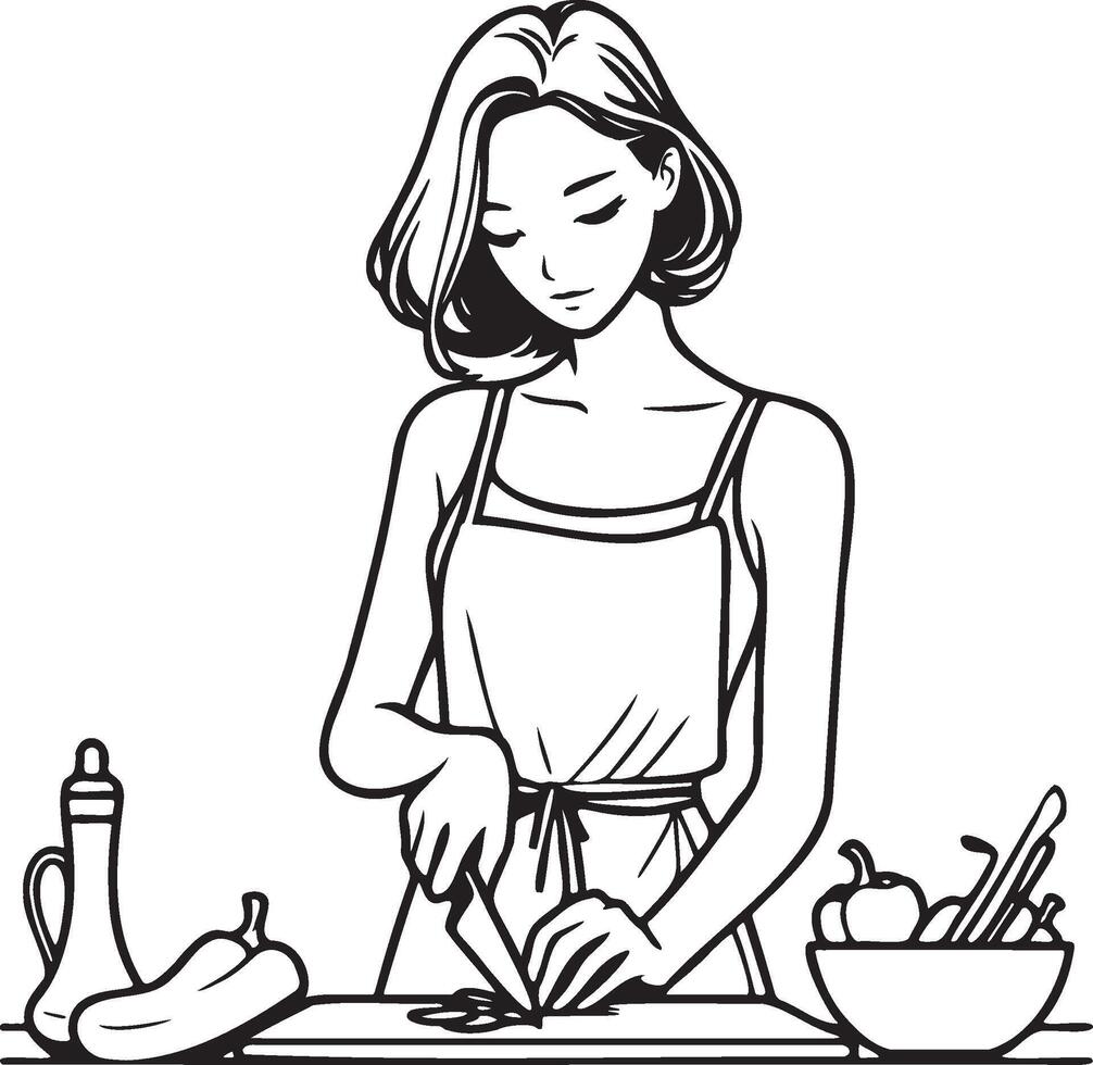 mujer Cocinando a hogar bosquejo dibujo. vector