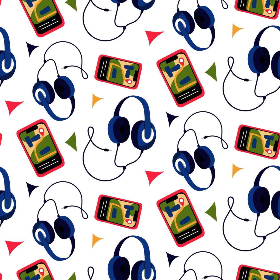 Pattern is headphones on a wire, a phone with a card. Journey with music. illustration in a flat style, repeating on a white background. Blue wired headphones, pink phone, repeating on a white vector