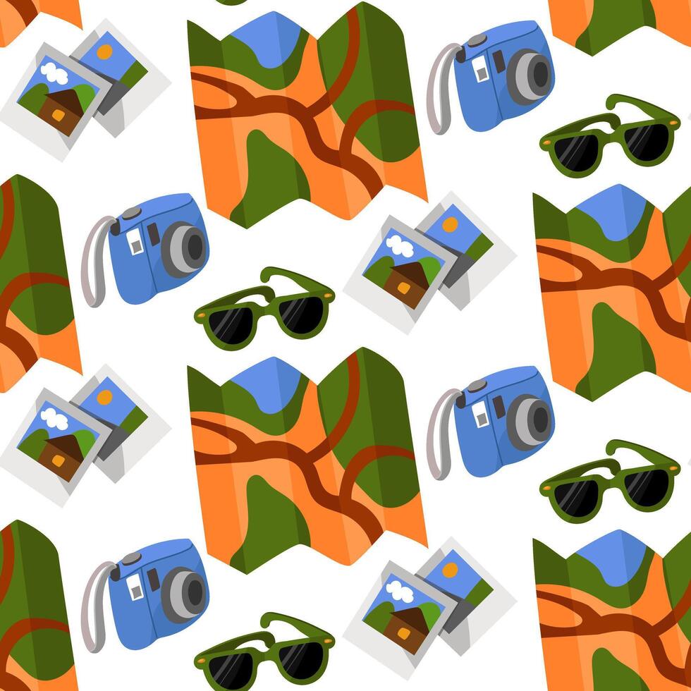 Pattern card camera photography glasses travel. Flat-style items are bright elements. The way, the rest, the journey. Tourist's kit. Mini camera, paper card, sunglasses, quick photos vector