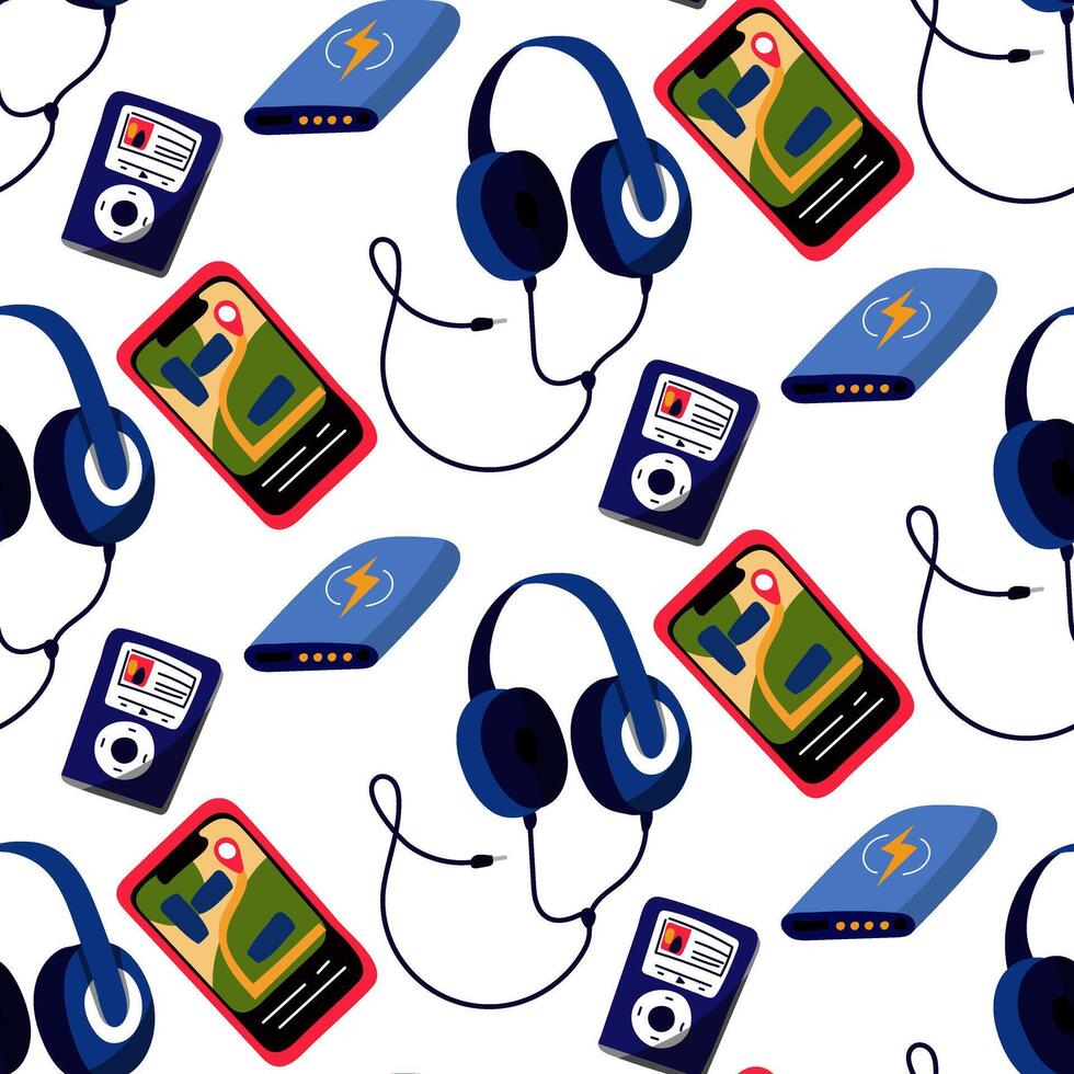 Pattern of headphones on a wire, a music player, a phone, a charger. illustration in a flat style, repeating on a white background. Blue wired headphones, pink phone, repeating on a white vector