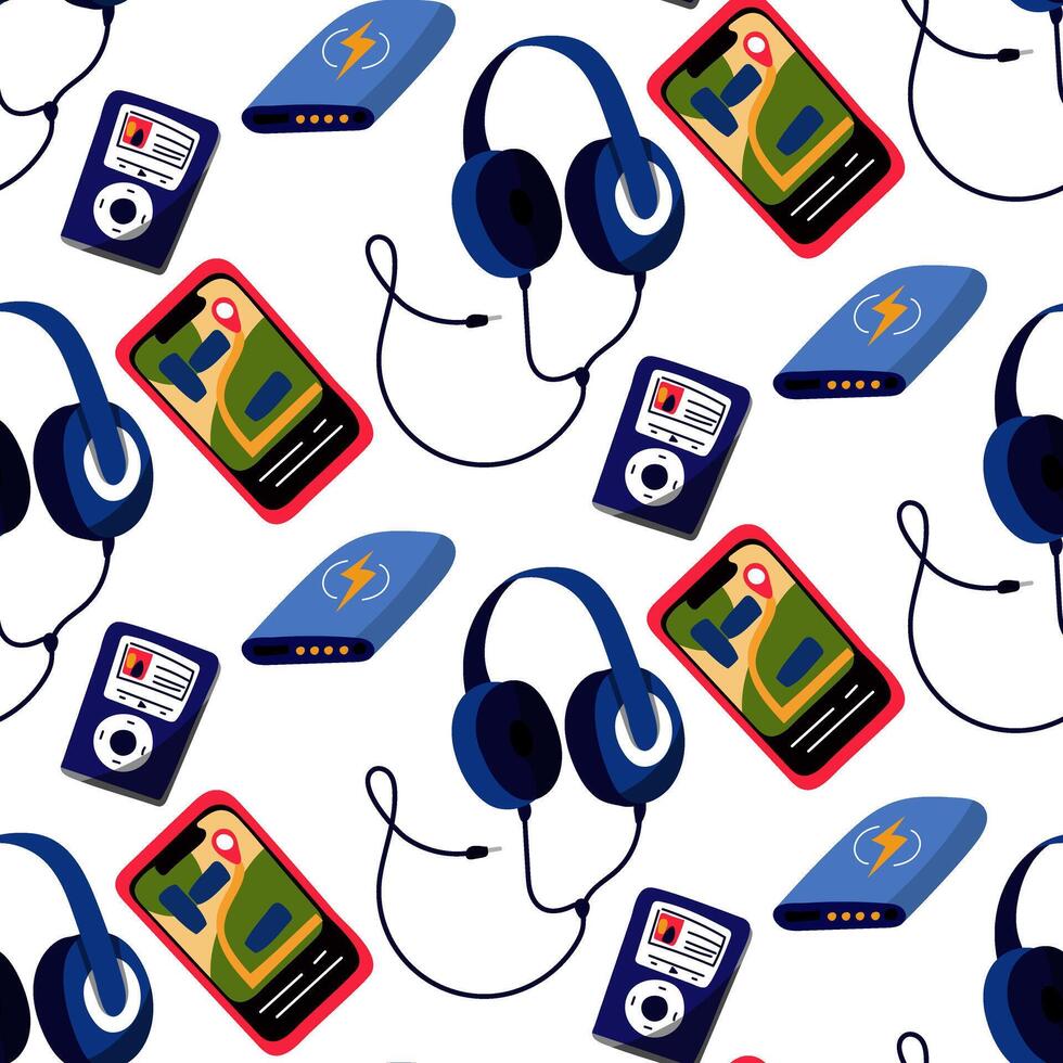 Pattern of headphones on a wire, a music player, a phone, a charger. illustration in a flat style, repeating on a white background. Blue wired headphones, pink phone, repeating on a white vector