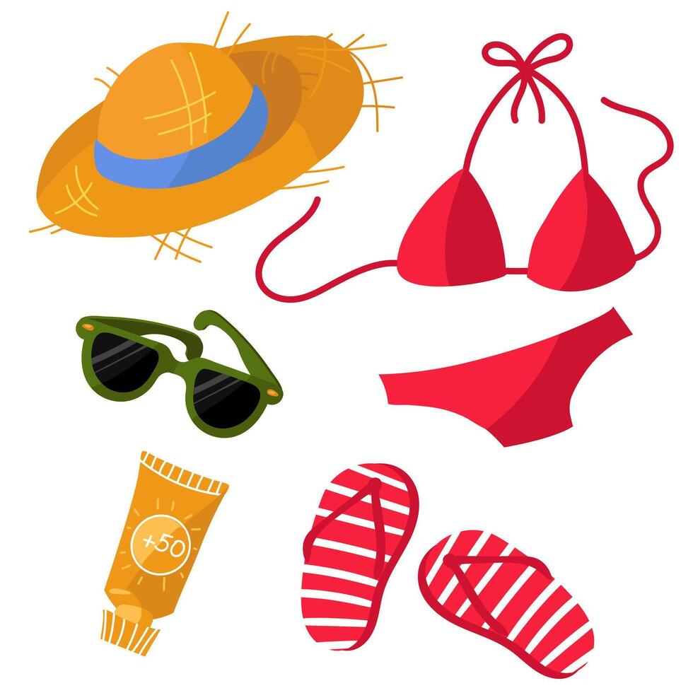 A set of beach items hat, swimsuit, glasses, sunscreen, sneakers. Tourist symbols and attributes for relaxing on the beach in a flat style are isolated on a white background vector