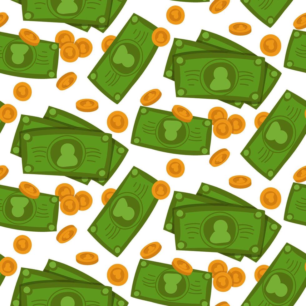 Pattern of green money and gold coins falling from above. illustration of American dollar money. Random pattern of banknotes and coins in green and gold colors on a transparent background vector