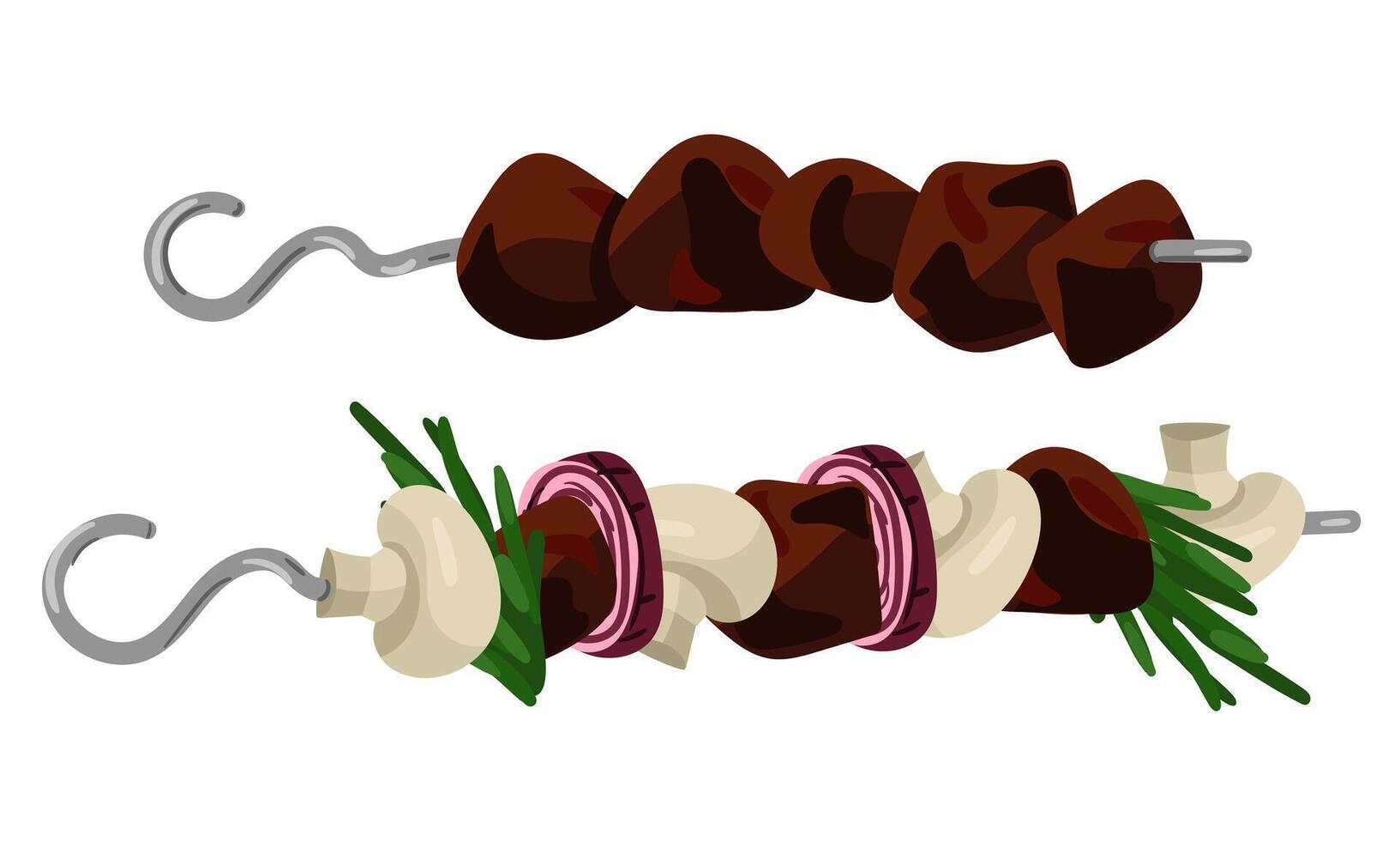 Grilled different pieces of meat on a skewer. An isolated juicy ready-made meat dish made from pork or beef. Ready-made dish for a restaurant, a menu for a cafe, banner with a place to copy on a white vector