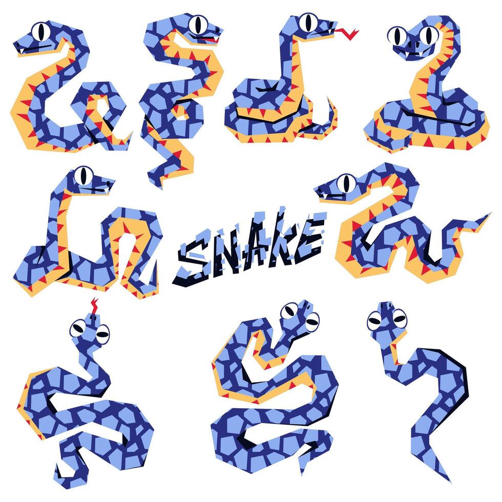 un conjunto de serpientes en 2025, azul en color y geométricamente gateando en textura. aislado sinuoso serpientes en diferente posa moderno ilustración en un plano estilo. animal de el año 2025 serpientes vector