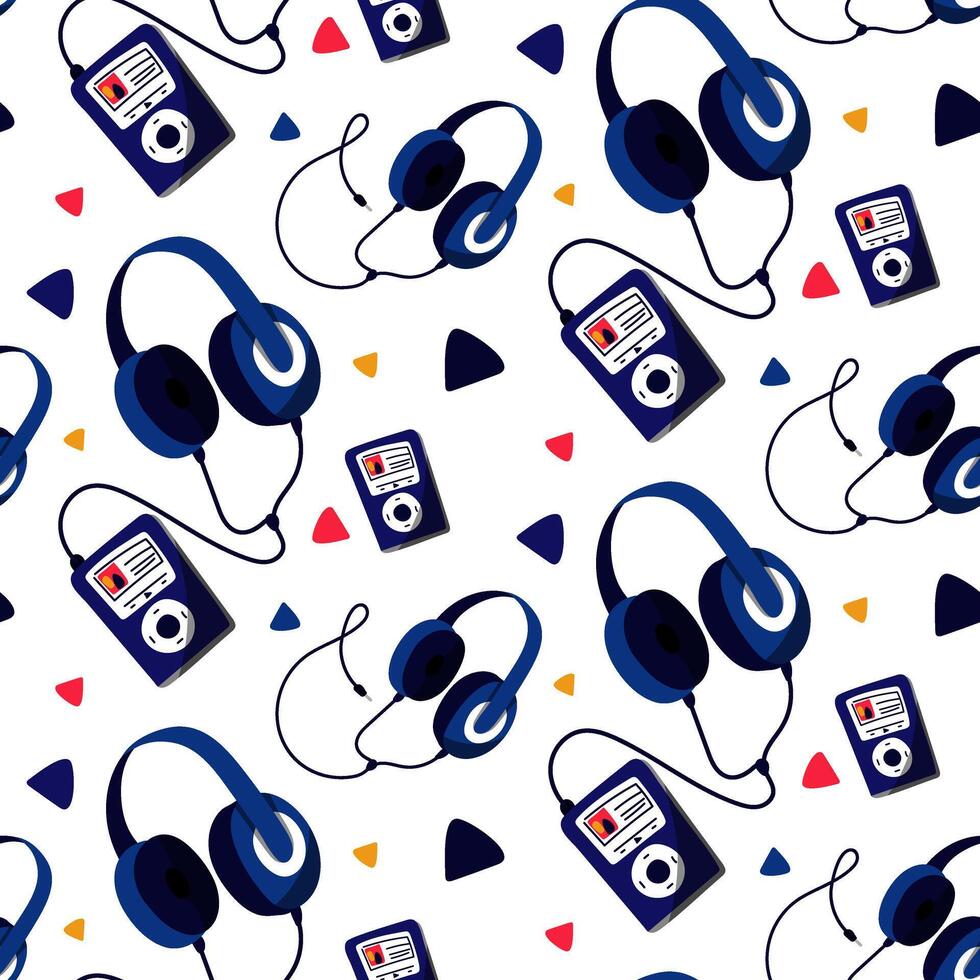 Pattern of headphones on a wire the size of a music player. Wired headphones, headphones with a cord connected to the player, illustration in a flat style, repeating on a white. Blue Wired vector