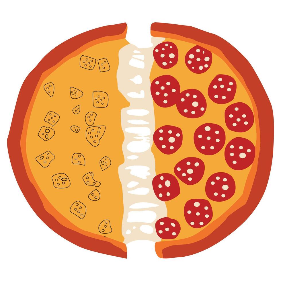 Delicious pizza with sausage sprinkled cheese cut in half vector