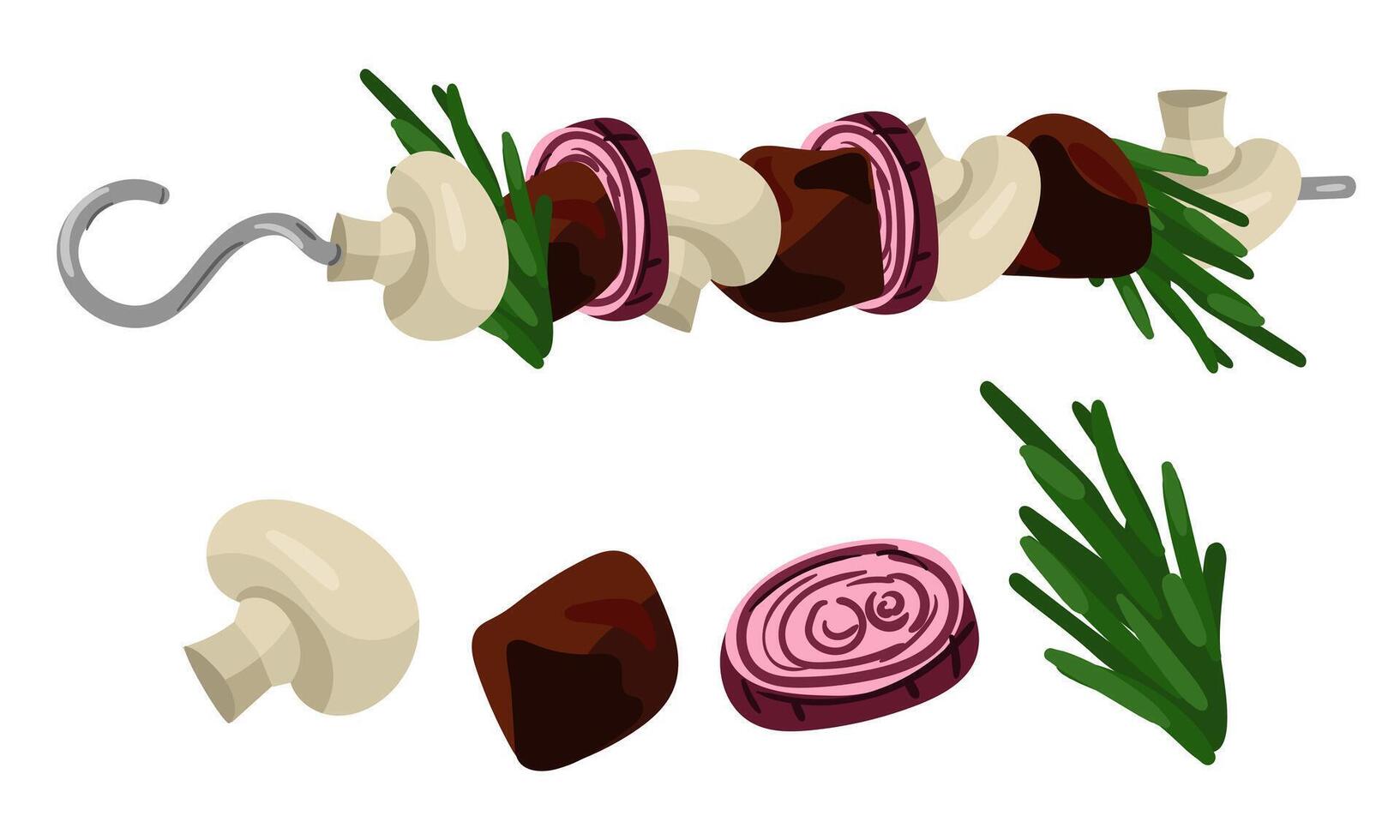 Grilled pieces of meat with herbs, onions, mushrooms strung on a skewer and separately. Independent juicy ready-made meat dish made of pork or beef. Ready-made dish for the restaurant, menu on white vector