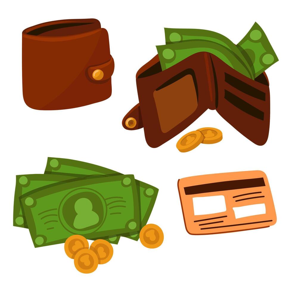 Money kit wallet, credit card, money. A flat money set. Credit card, paper money, wallet, wallet with money and coins. Isolated collection items vector