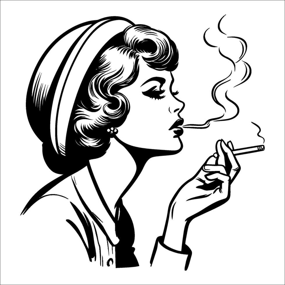 1960 Clásico retro mujer de fumar sencillo minimalista limpiar línea cómic negro y blanco 02 vector