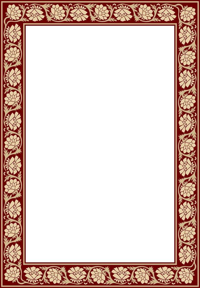 square gold with red Indian national ornament. Ethnic plant border. Flowers frame. Poppies and leaves vector