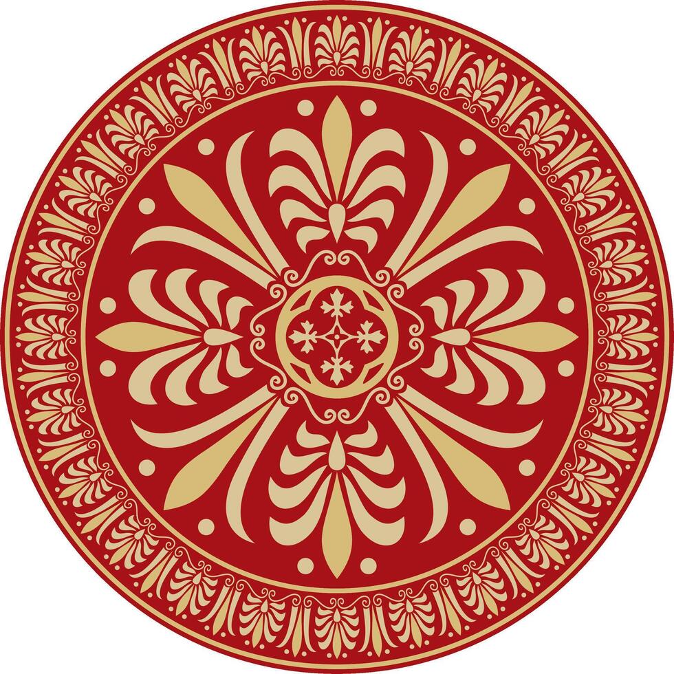 gold with red classic Greek round ornament. Circle of Ancient Greece and the Roman Empire. Byzantine painting of walls, floors and ceilings. Decoration of European palaces vector
