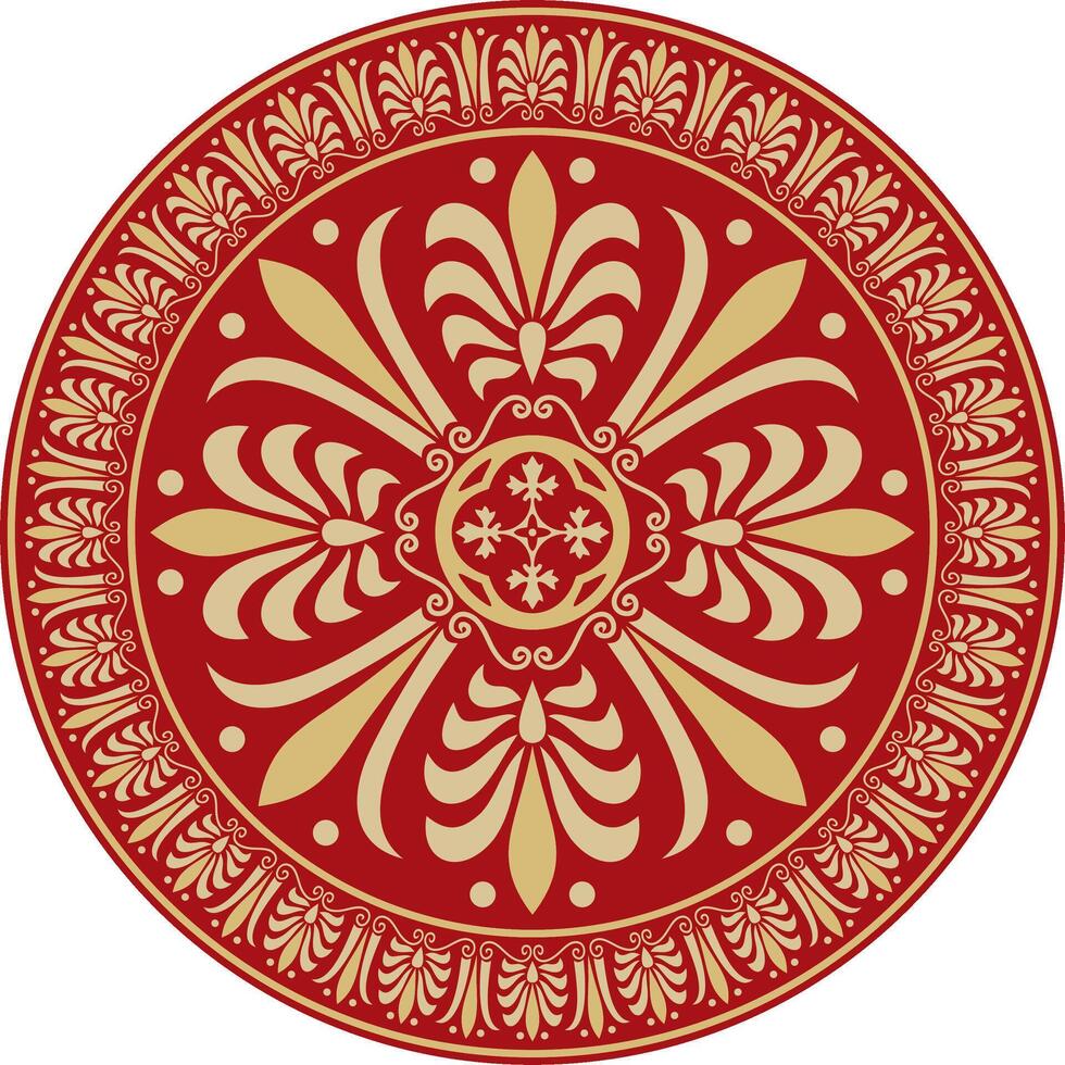 oro con rojo clásico griego redondo ornamento. circulo de antiguo Grecia y el romano imperio. bizantino pintura de paredes, pisos y techos decoración de europeo palacios vector