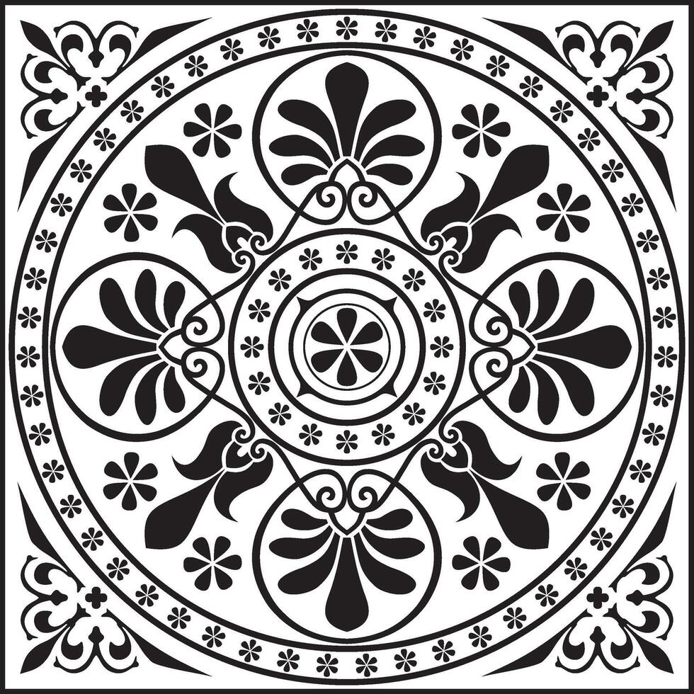 black monochrome classic Greek square ornament. Rectangle of Ancient Greece and Roman Empire. Byzantine painting of walls, floors and ceilings. Decoration of European palaces vector