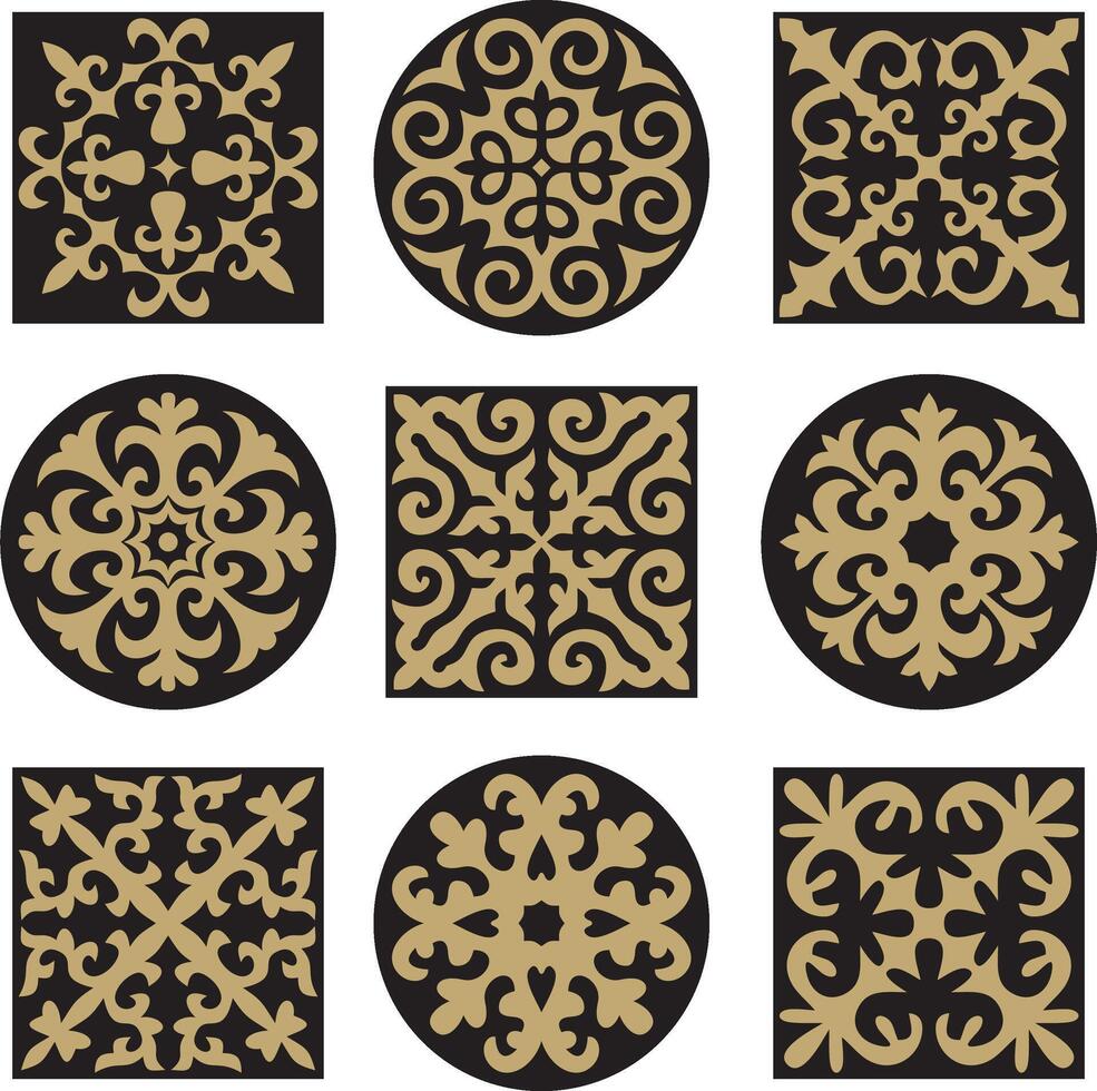 conjunto de dorado y negro señales kazakh nacional ornamento. vector