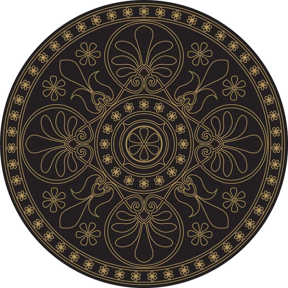 oro con negro clásico griego redondo ornamento. circulo de antiguo Grecia y el romano imperio. bizantino pintura de paredes, pisos y techos decoración de europeo palacios vector