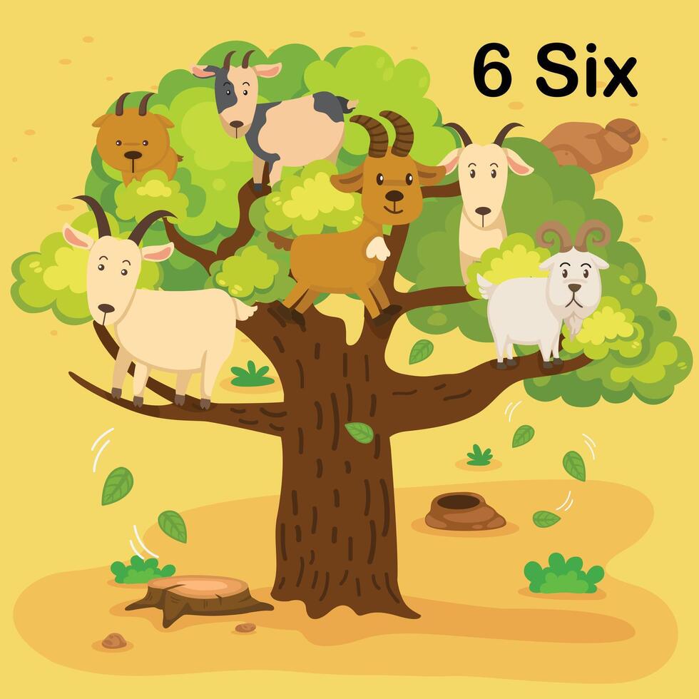 Flashcard number six with 6 goat learning for kid illustration vector