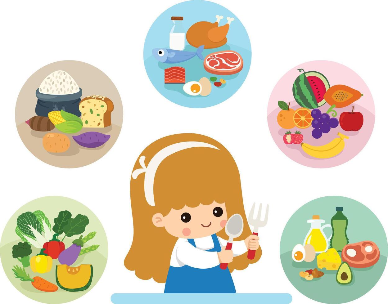 cute girl with the five food group illustration vector
