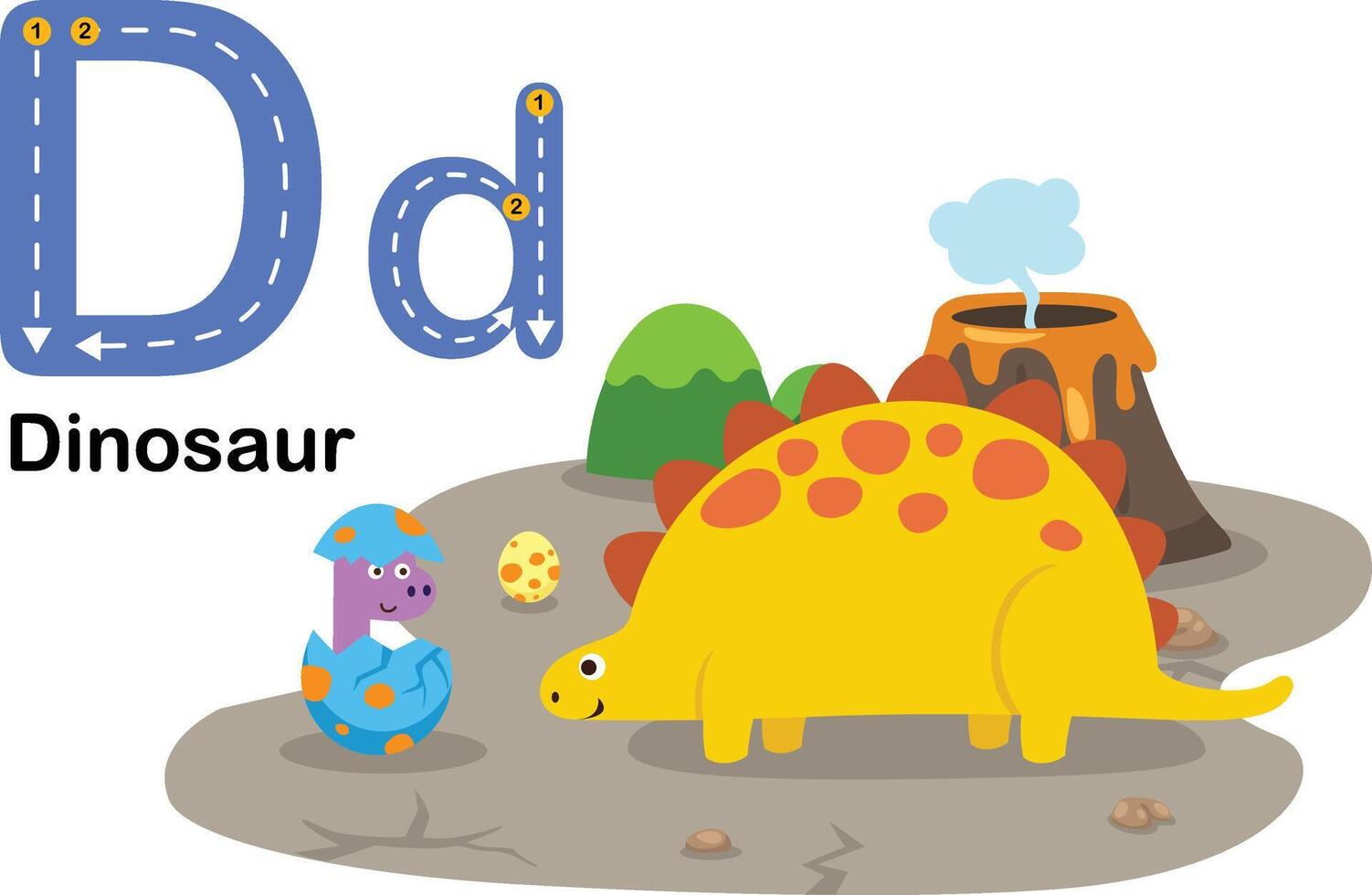 alfabeto letra d-dinosaurio con dibujos animados vocabulario ilustración, vector