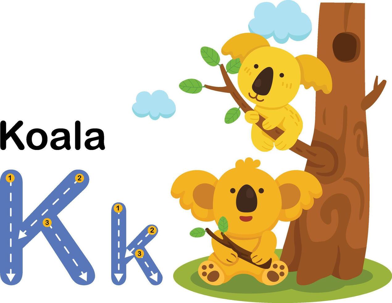 alfabeto letra k-koala con dibujos animados vocabulario ilustración, vector