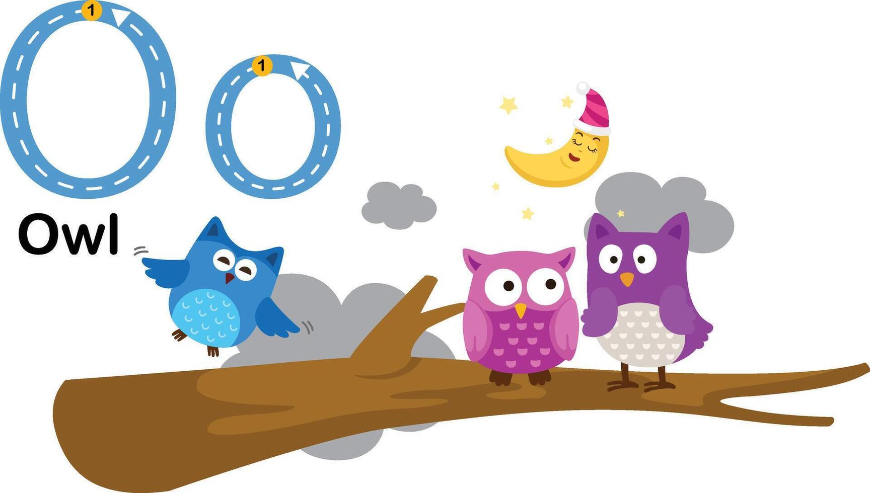 Alphabet Letter O-Owl with cartoon vocabulary illustration, vector