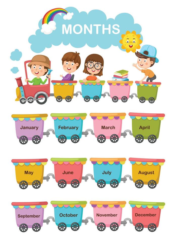 illustration cartoon of happy preschool kids with the train months vector