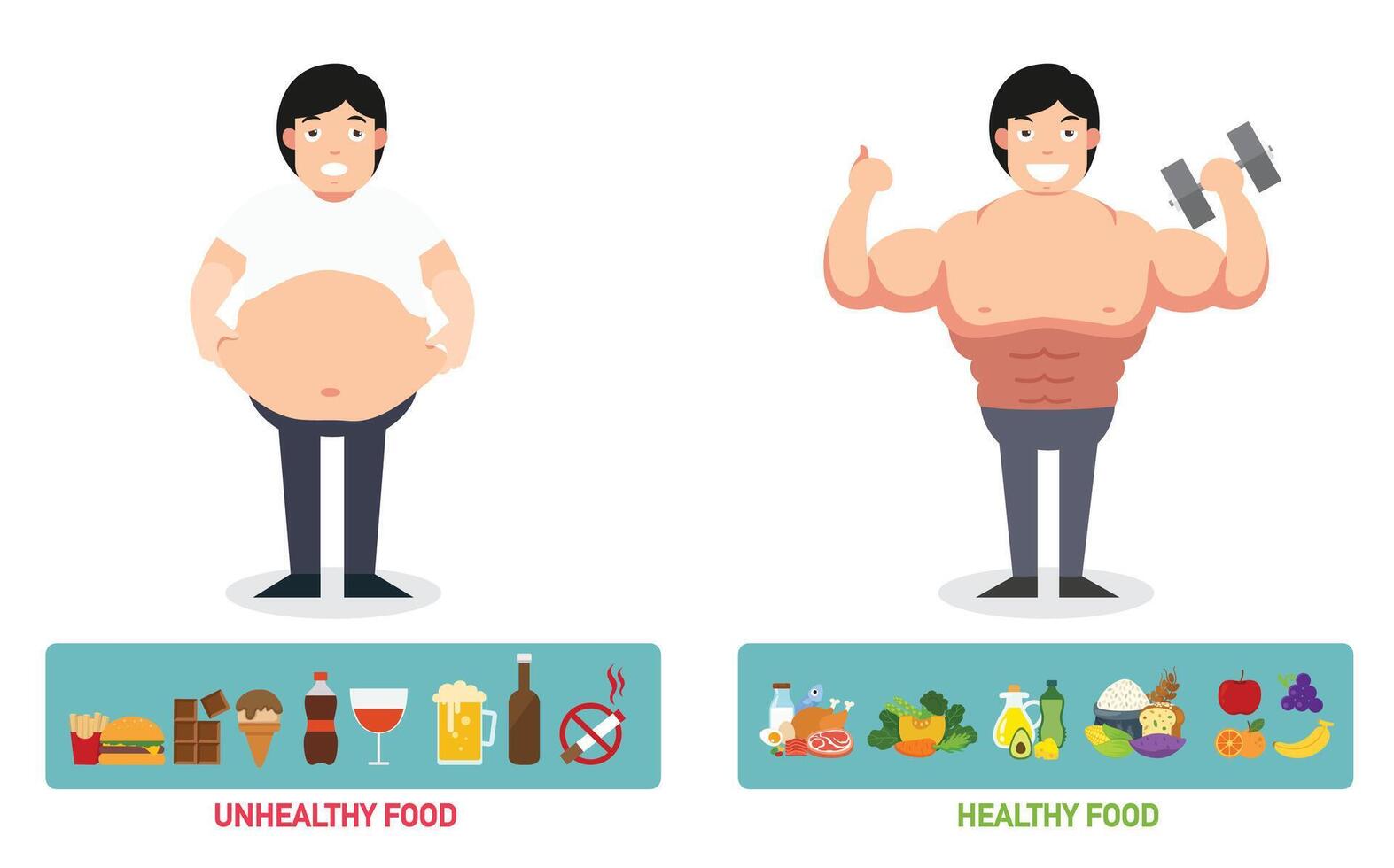 The comparison of the man who had unhealthy lifestyle before becoming healthy and strong illustration vector