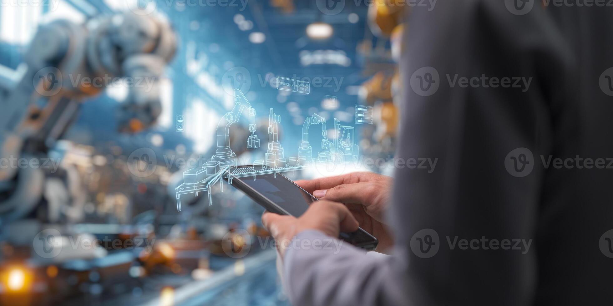 Control the work with an infographic screen. Precision engineering A robotic arm at work in a fully automated facility. Control the work of the robotic arm with an infographic screen. photo