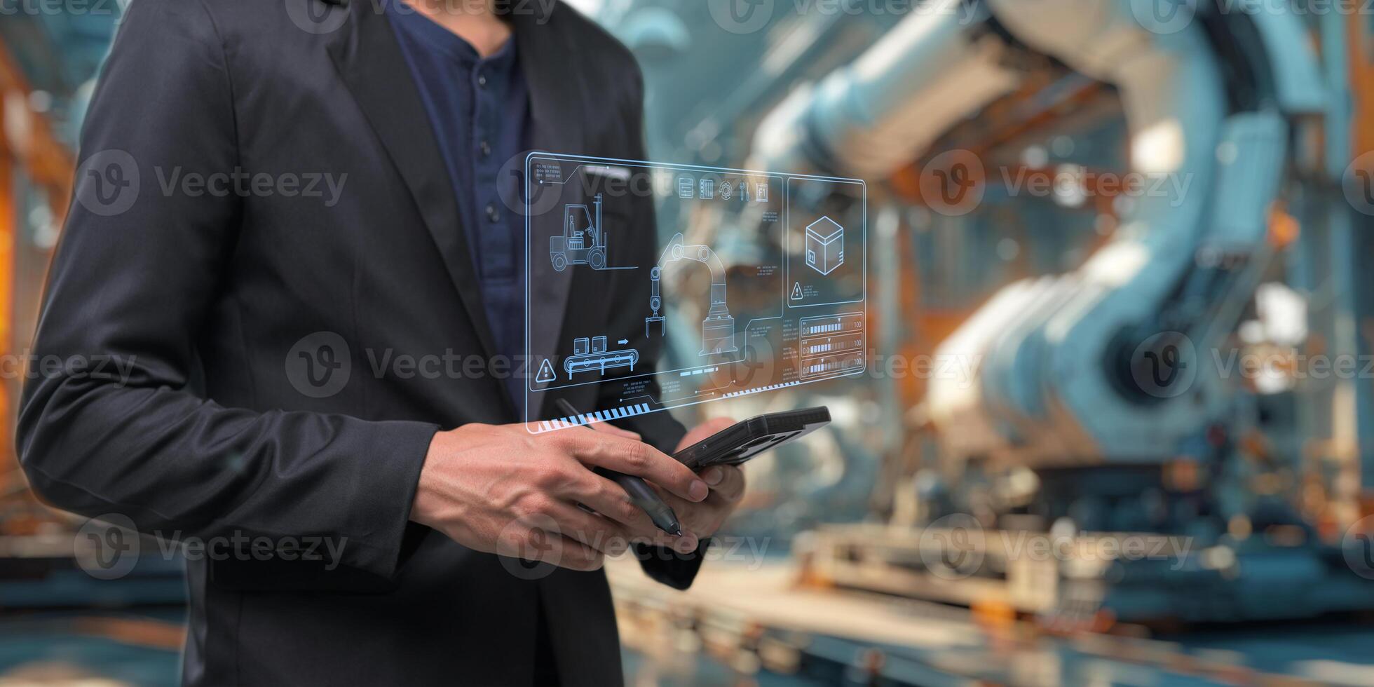 Control the work with an infographic screen. Precision engineering A robotic arm at work in a fully automated facility. Control the work of the robotic arm with an infographic screen. photo