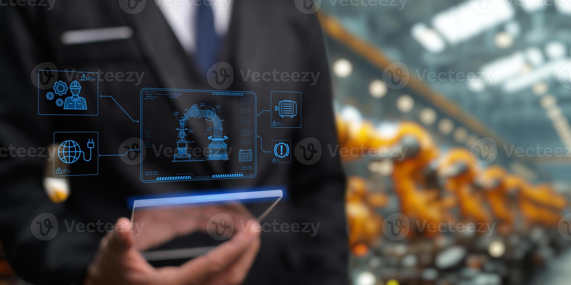 Control the work with an infographic screen. Precision engineering A robotic arm at work in a fully automated facility. Control the work of the robotic arm with an infographic screen. photo