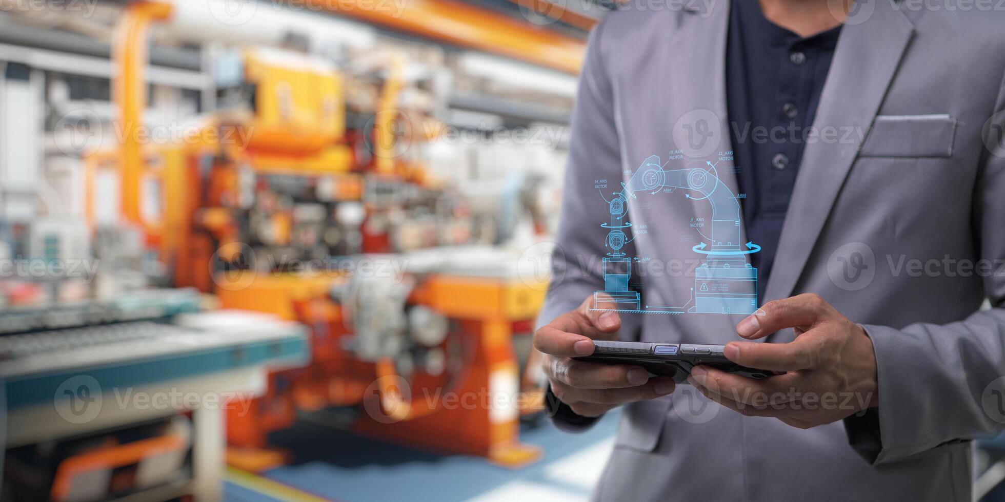 Control the work with an infographic screen. Precision engineering A robotic arm at work in a fully automated facility. Control the work of the robotic arm with an infographic screen. photo