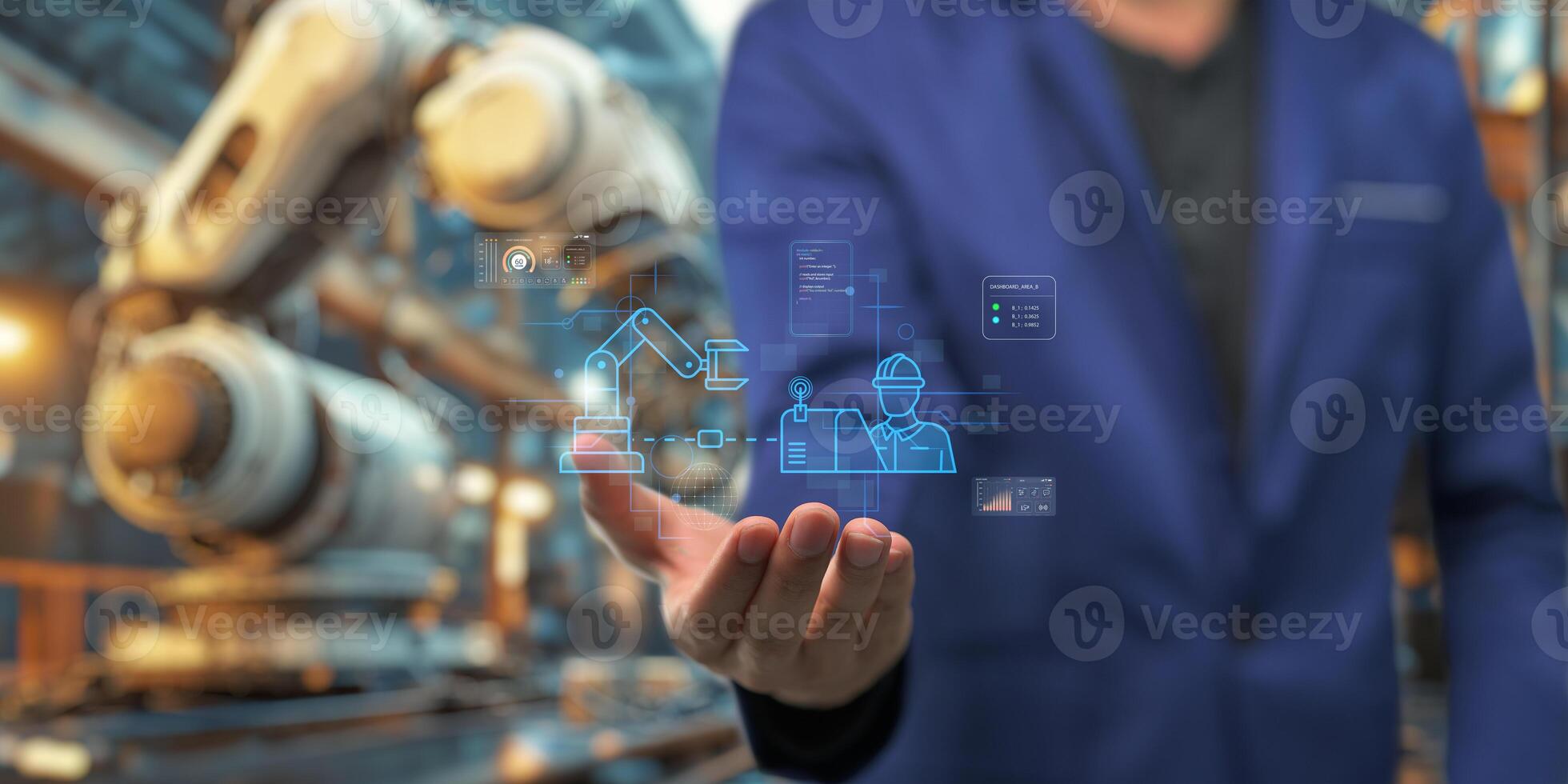 controlar el trabajo con un infografía pantalla. precisión Ingenieria un robótico brazo a trabajo en un completamente automatizado instalación. controlar el trabajo de el robótico brazo con un infografía pantalla. foto