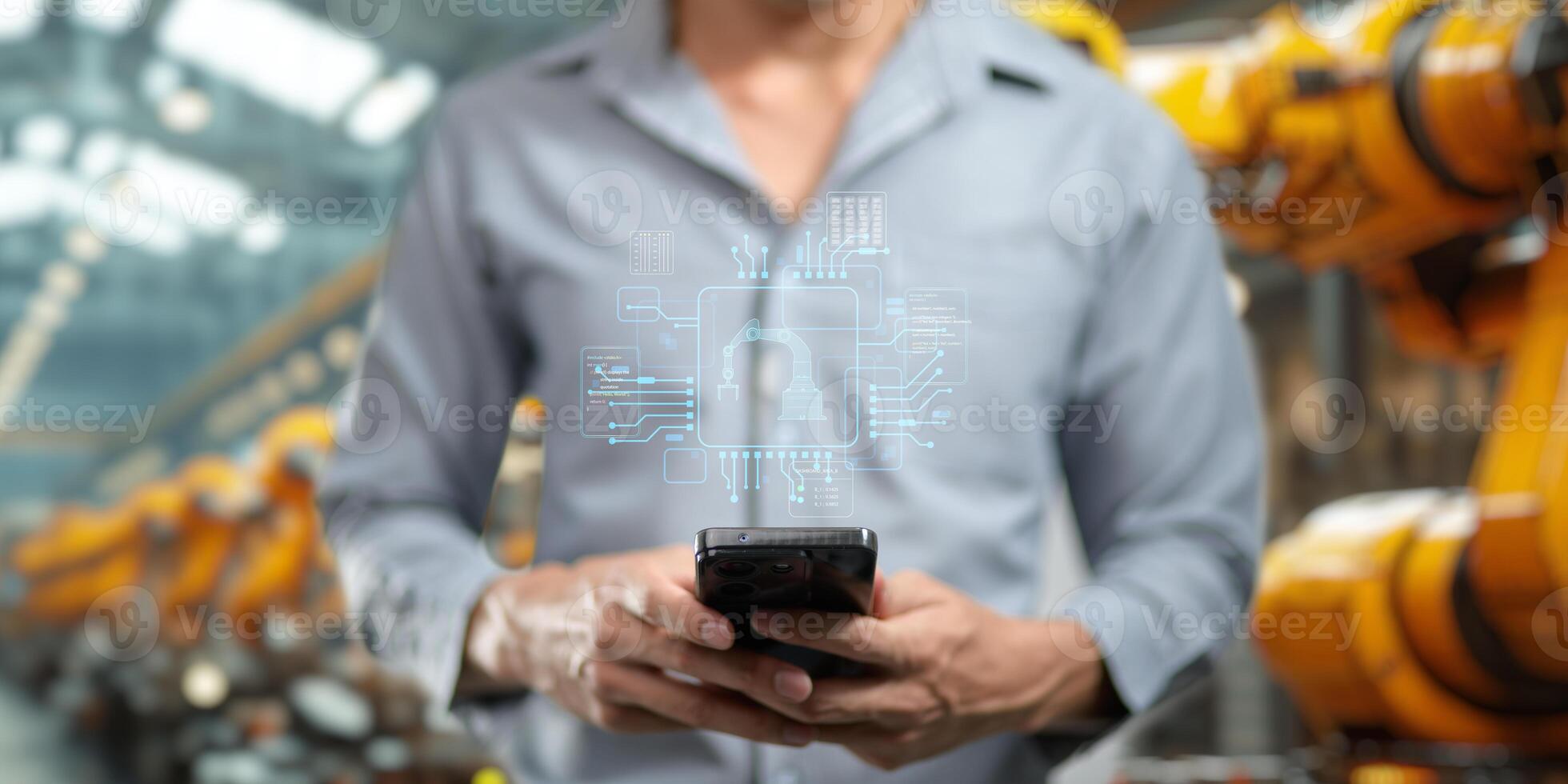 Control the work with an infographic screen. Precision engineering A robotic arm at work in a fully automated facility. Control the work of the robotic arm with an infographic screen. photo
