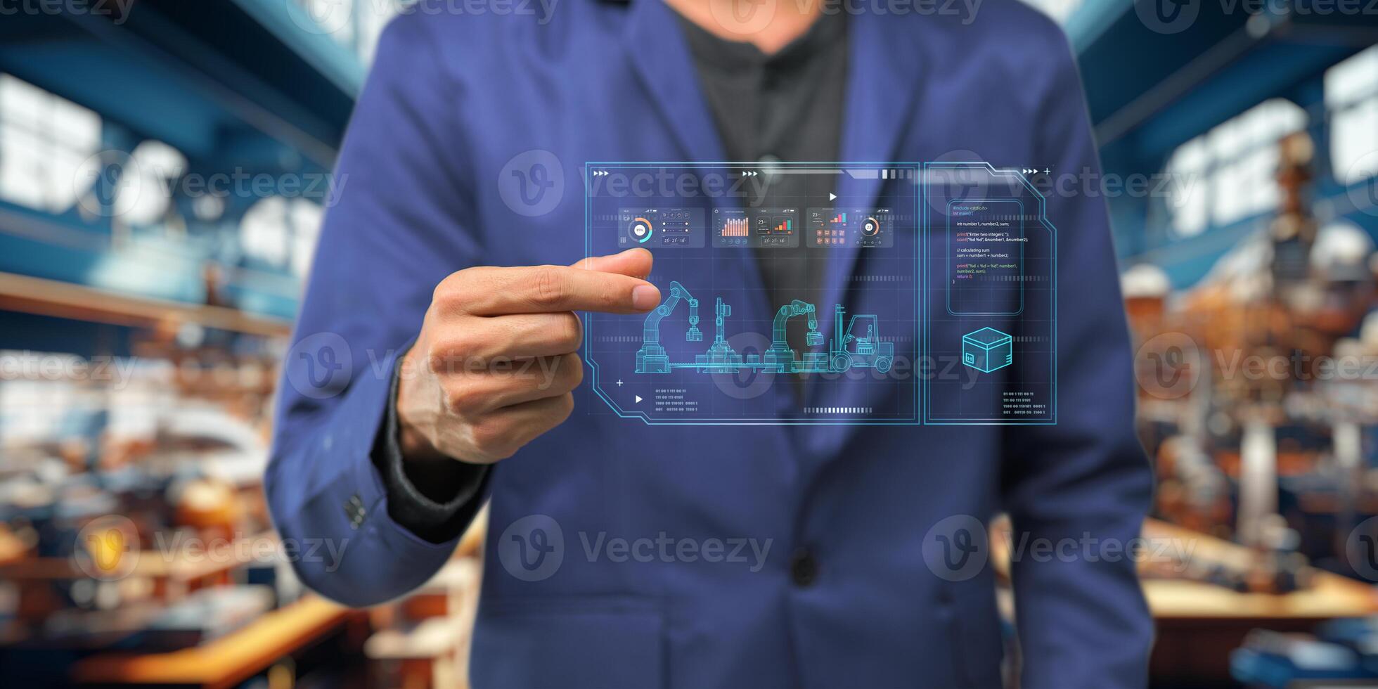 Control the work with an infographic screen. Precision engineering A robotic arm at work in a fully automated facility. Control the work of the robotic arm with an infographic screen. photo