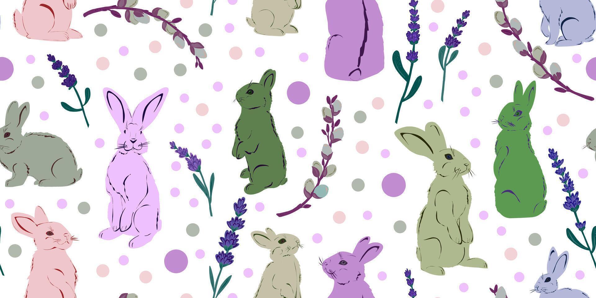 a pattern with rabbits and lavender flowers vector