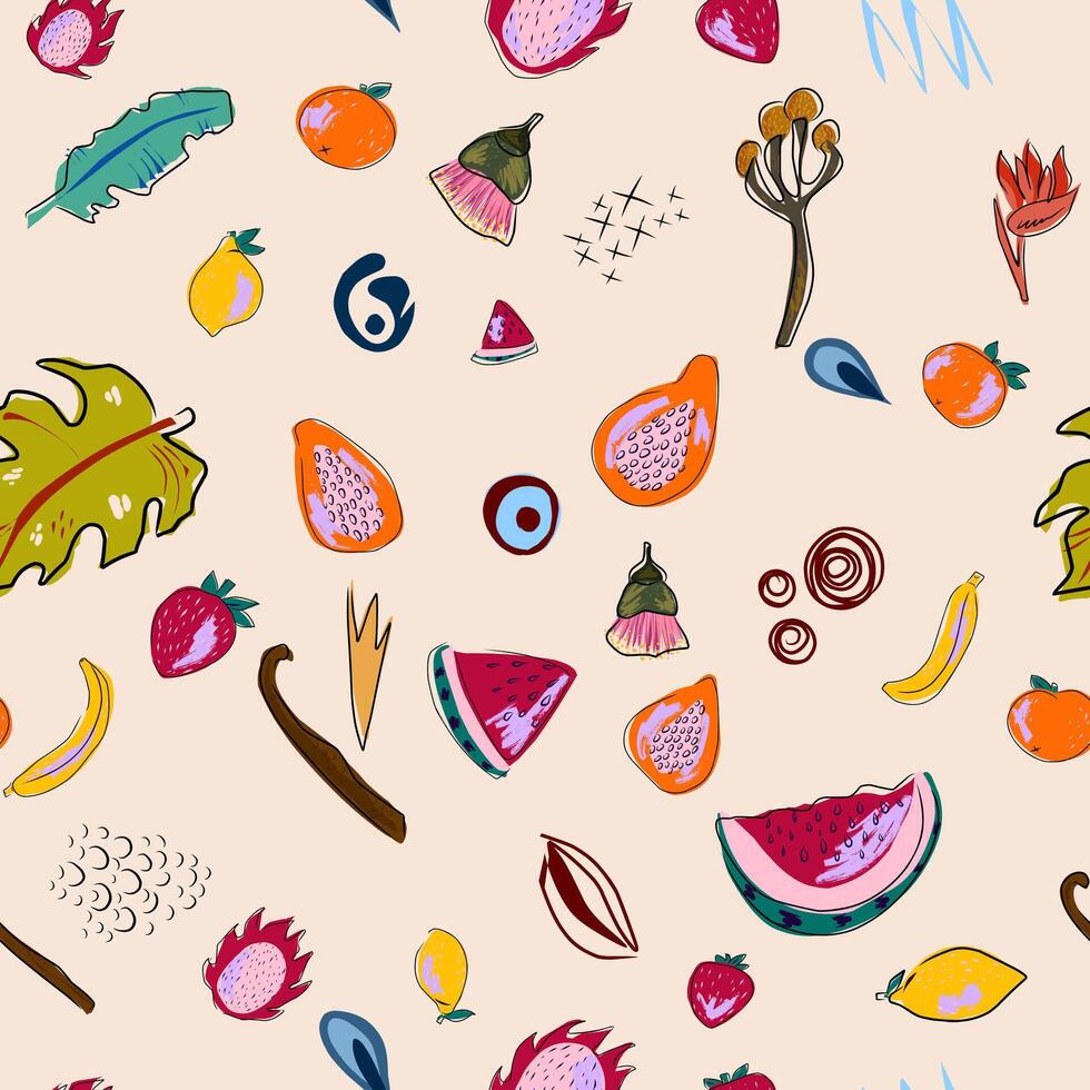 a pattern of fruit and vegetables on a beige background vector