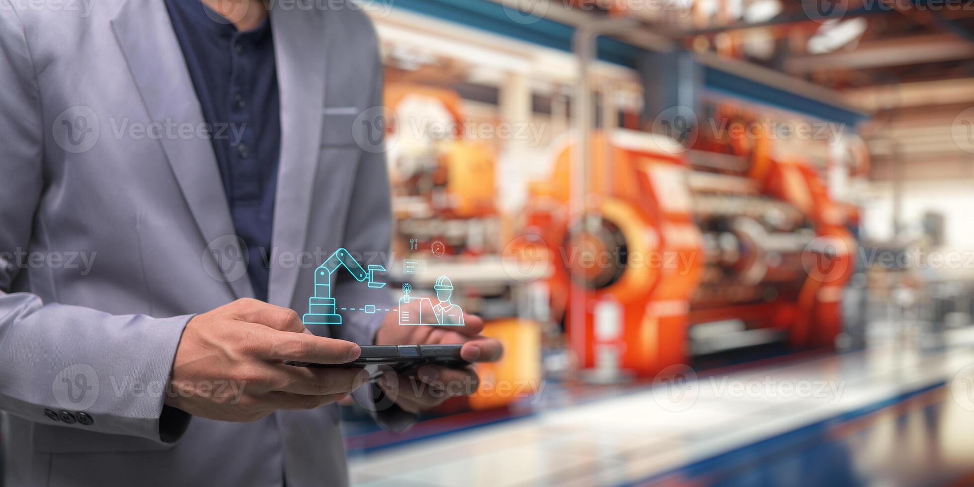 Control the work with an infographic screen. Precision engineering A robotic arm at work in a fully automated facility. Control the work of the robotic arm with an infographic screen. photo