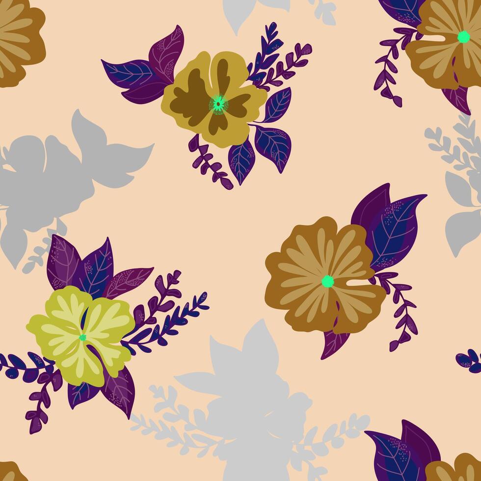 a pattern with flowers and leaves on a beige background vector