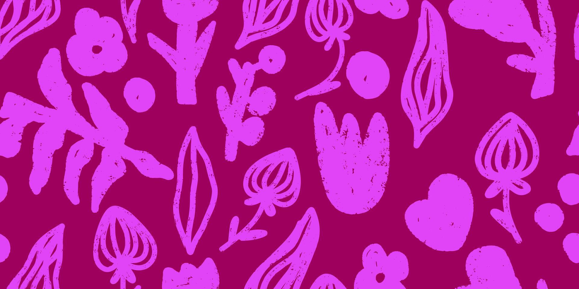 a pattern of pink flowers and leaves on a purple background vector